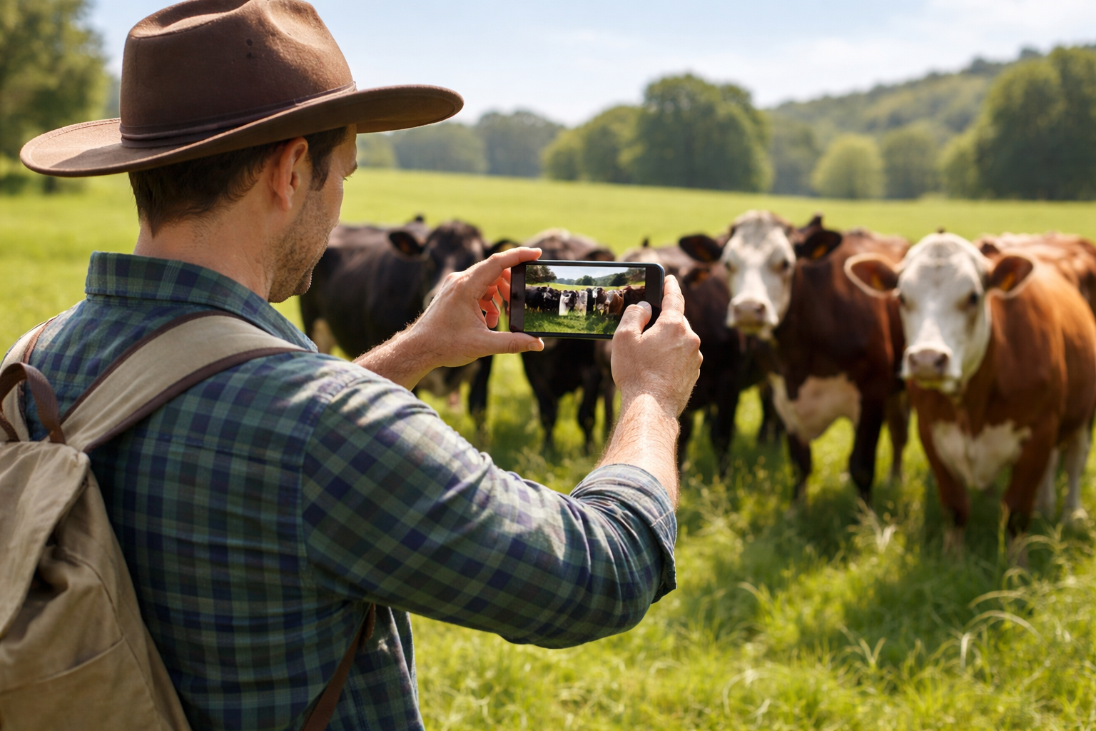 Farmer photographing cattle